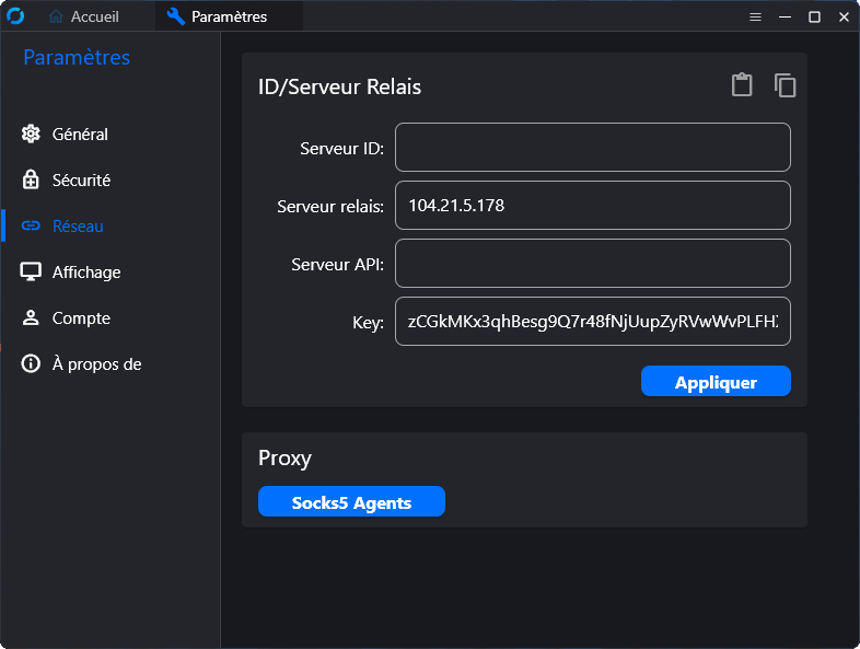 configuration d'un serveur relais dans les paramètres de Rustdesk