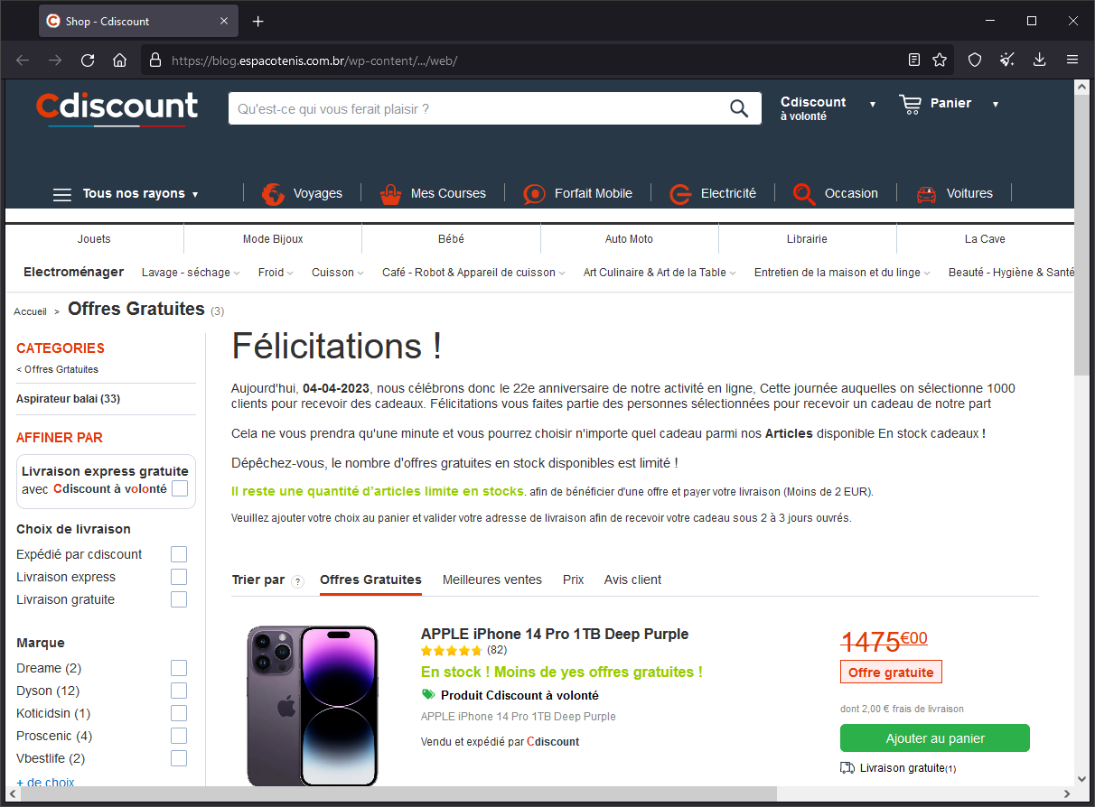 un phishing imitant cdiscount avec une URL au brésil