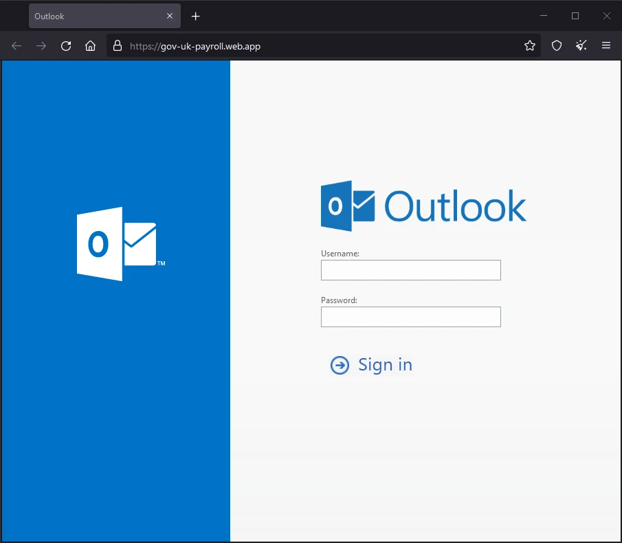 un exemple de site web de phishing outlook