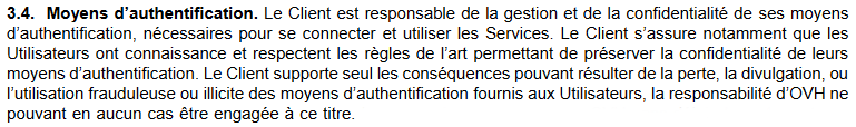 extrait conditions générales de ventes OVH