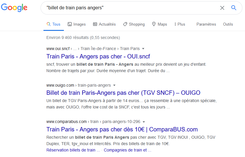 Un exemple de recherche Google avec guillemet