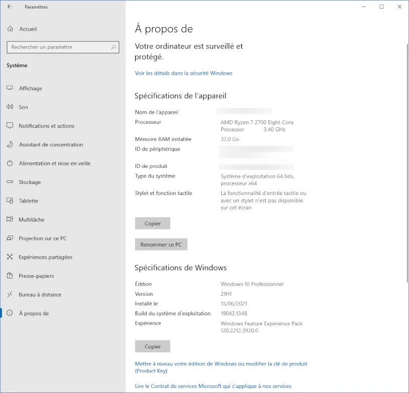 Paramètres Windows 10
