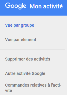menu de commandes relatives à l'activité de Google