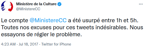 Tweet du Ministere de la Culture après la prise en main de leur compte twitter par un pirate informatique