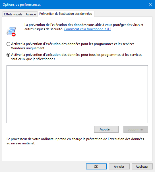 Prévention d'exécution des données dans Windows 10